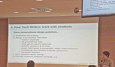 Presentation by Priscill Orue and Tomasz Prus on conventional design for chatbots the evolution of technical communicators roles