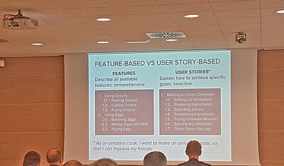 Presentation slide provided by Robert Kratky: The diffrence between feature-based and user story-based documentation explained with easy cooking example.
